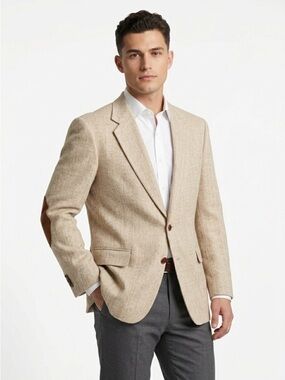 Orvis Vintage Suede Elbow Patch Blazer Hopsack Wool Blend Tan 46L